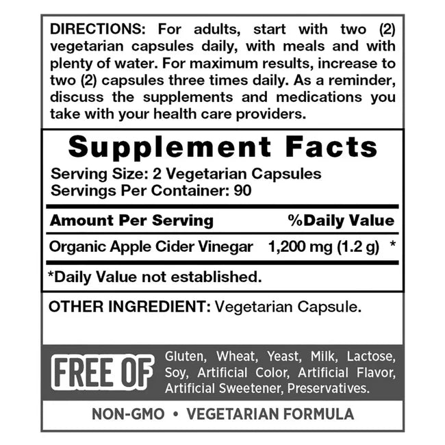 APPLE CIDER VINEGAR 1200mg. 180 CAPSULES