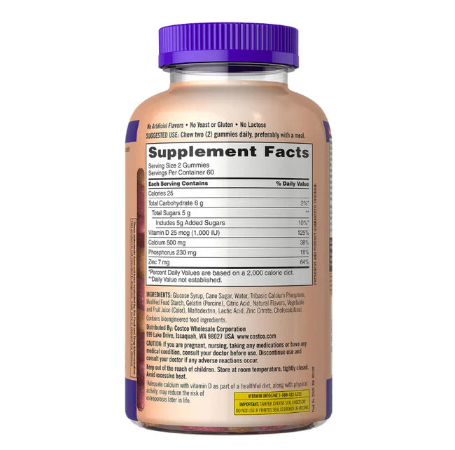 CALCIUM 500mg WITH D3 & ZINC. 240 ADULT GUMMIES
