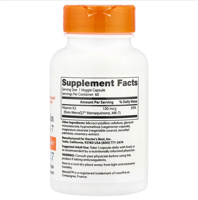 NATURAL VITAMIN K2 MK-7, 100mcg. 60 VEGGIE CAPS
