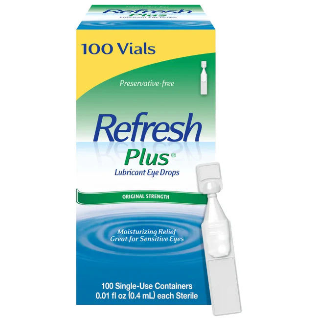 PLUS PRESERVATIVE-FREE LUBRICANT EYE DROPS. 100 SINGLE USE CONTAINERS